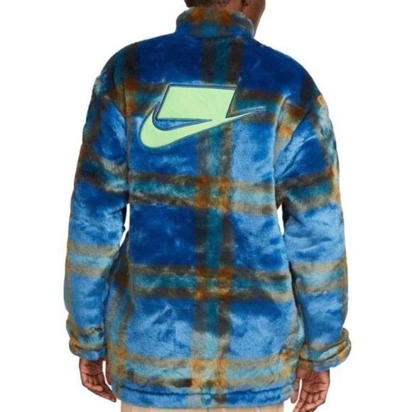 Nike Sportswear Women Green Blue Plaid Faux Fur Jacket DD4541-476 Size Small - Picture 2 of 8
